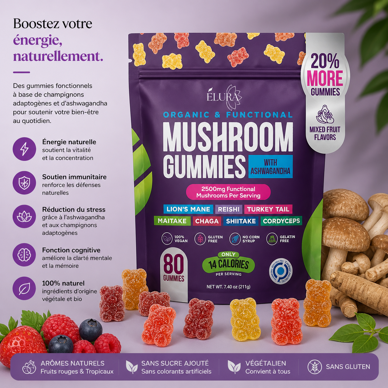 Gummies Mushroom et Ashwaganda - ELURA